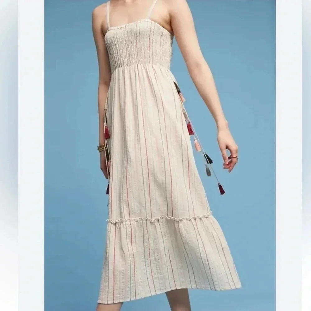 Anthropologie Love Sam Boho Smocked Ruched Cotton Midi Dress